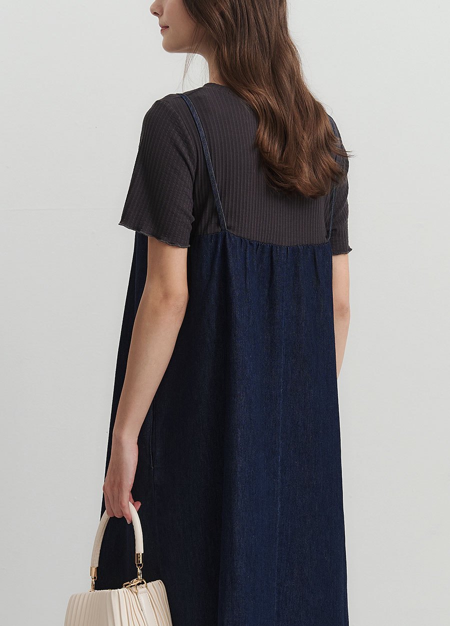 假兩件式牛仔細肩帶孕哺洋裝