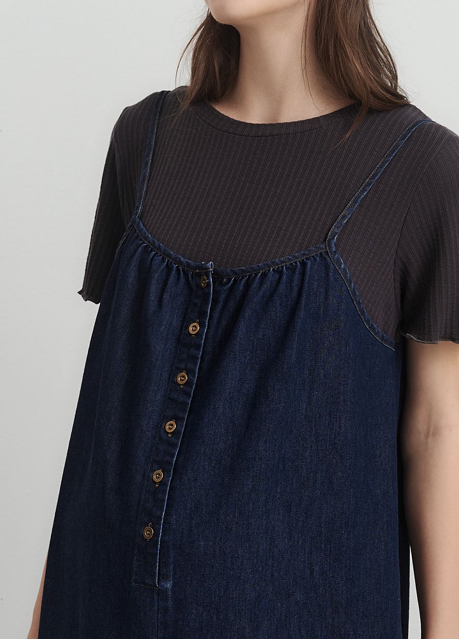 假兩件式牛仔細肩帶孕哺洋裝