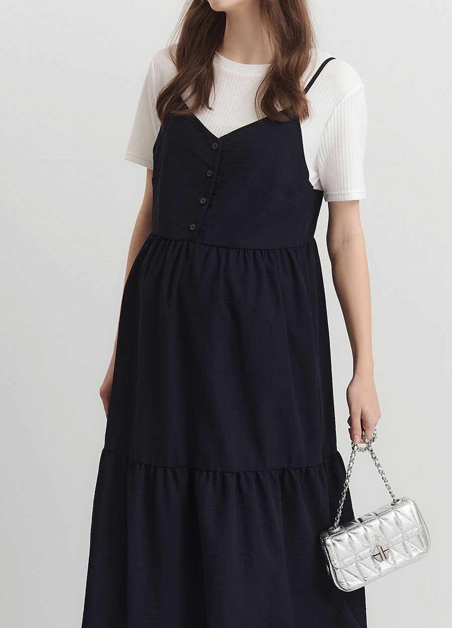 假兩件式細肩帶蛋糕孕哺洋裝