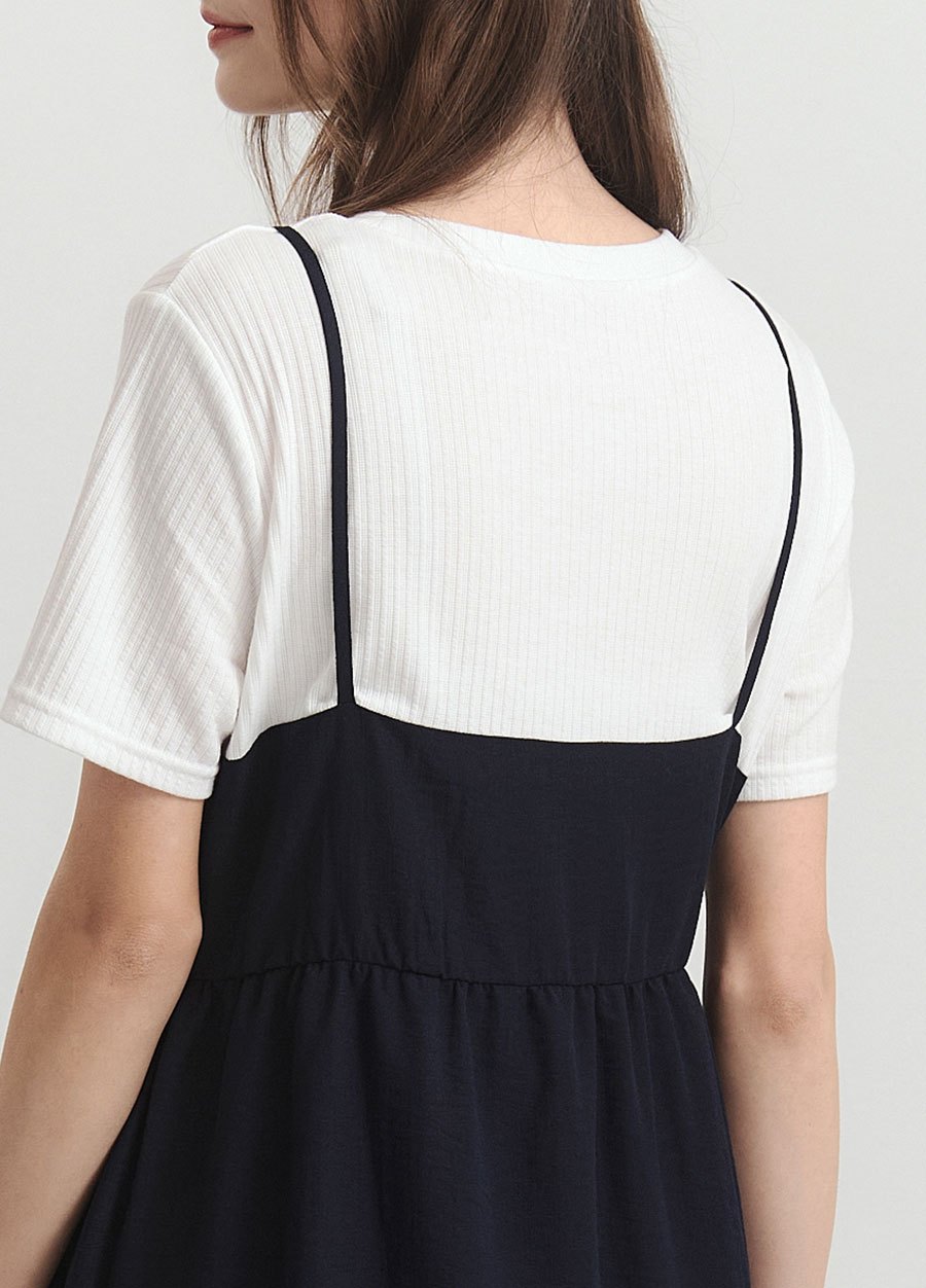 假兩件式細肩帶蛋糕孕哺洋裝