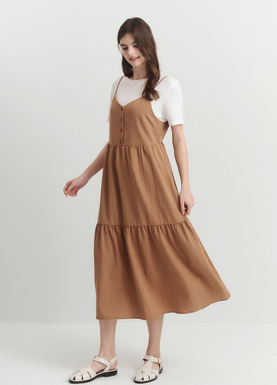 假兩件式細肩帶蛋糕孕哺洋裝