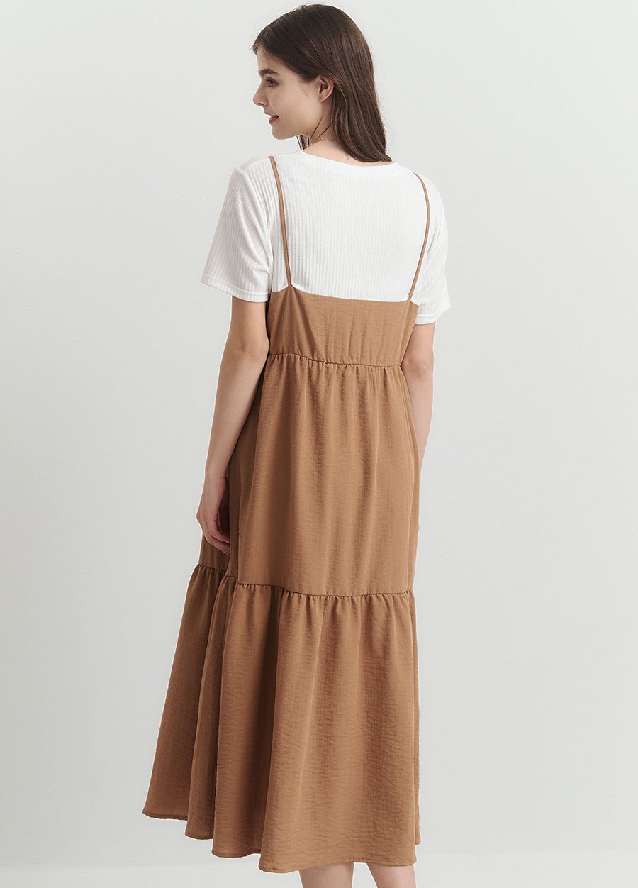 假兩件式細肩帶蛋糕孕哺洋裝