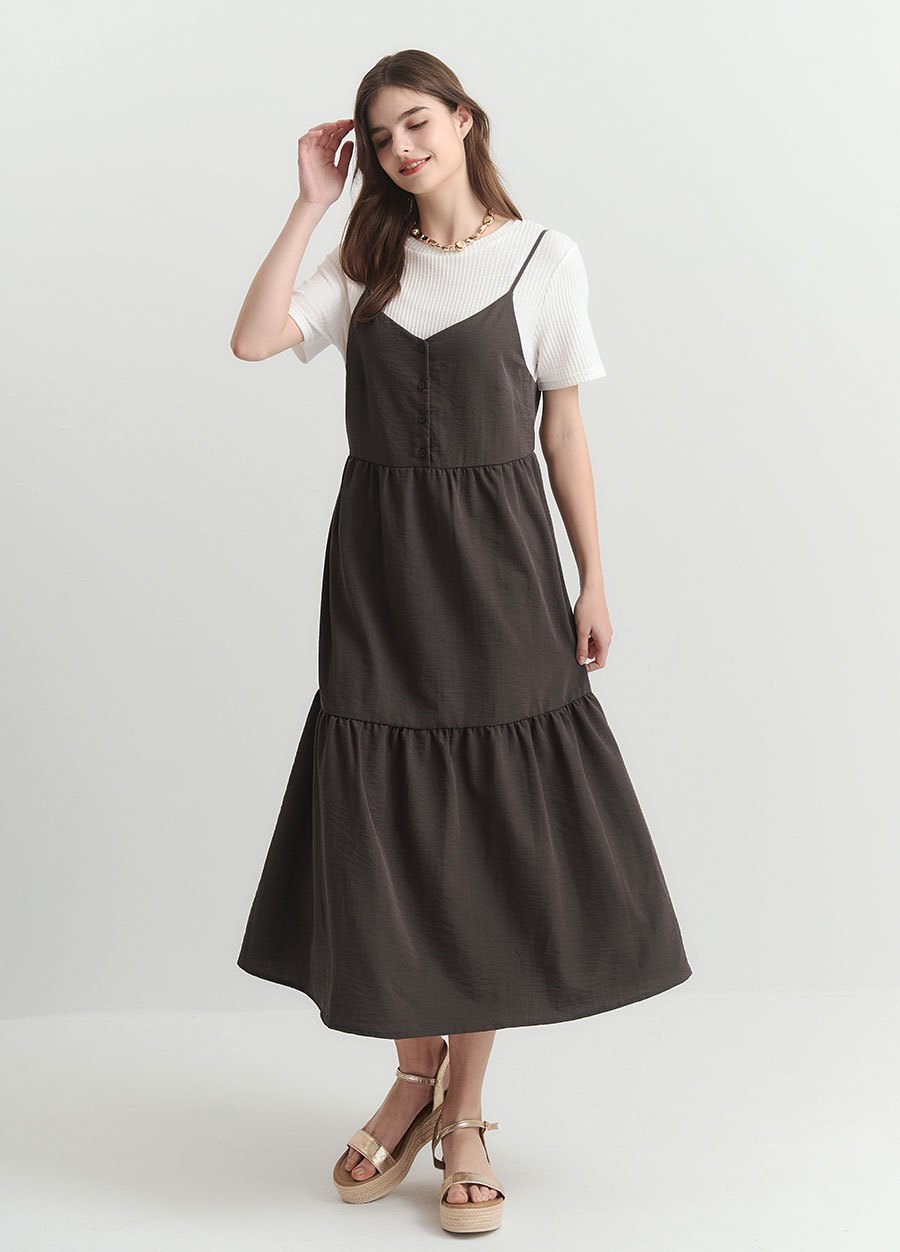 假兩件式細肩帶蛋糕孕哺洋裝