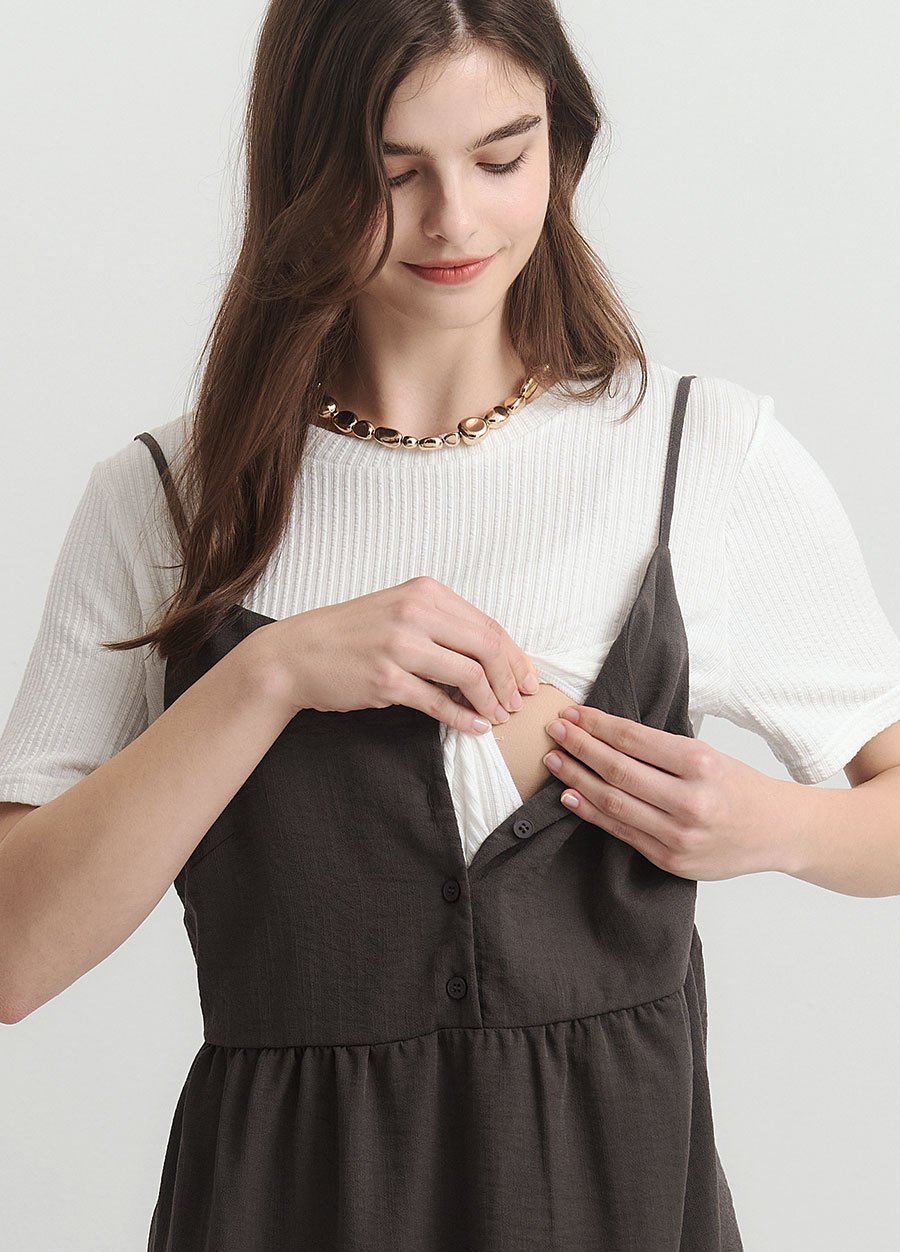 假兩件式細肩帶蛋糕孕哺洋裝