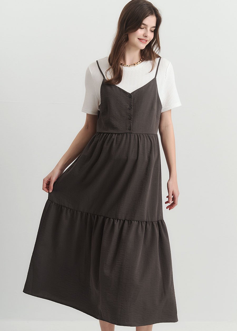 假兩件式細肩帶蛋糕孕哺洋裝