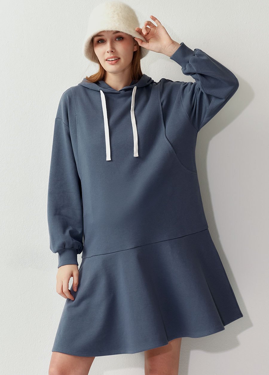 荷葉裙襬連帽孕哺洋裝