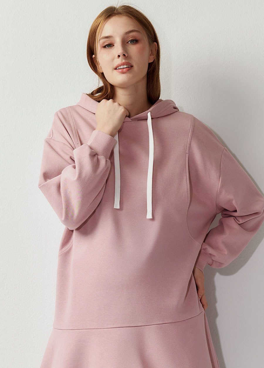 荷葉裙襬連帽孕哺洋裝