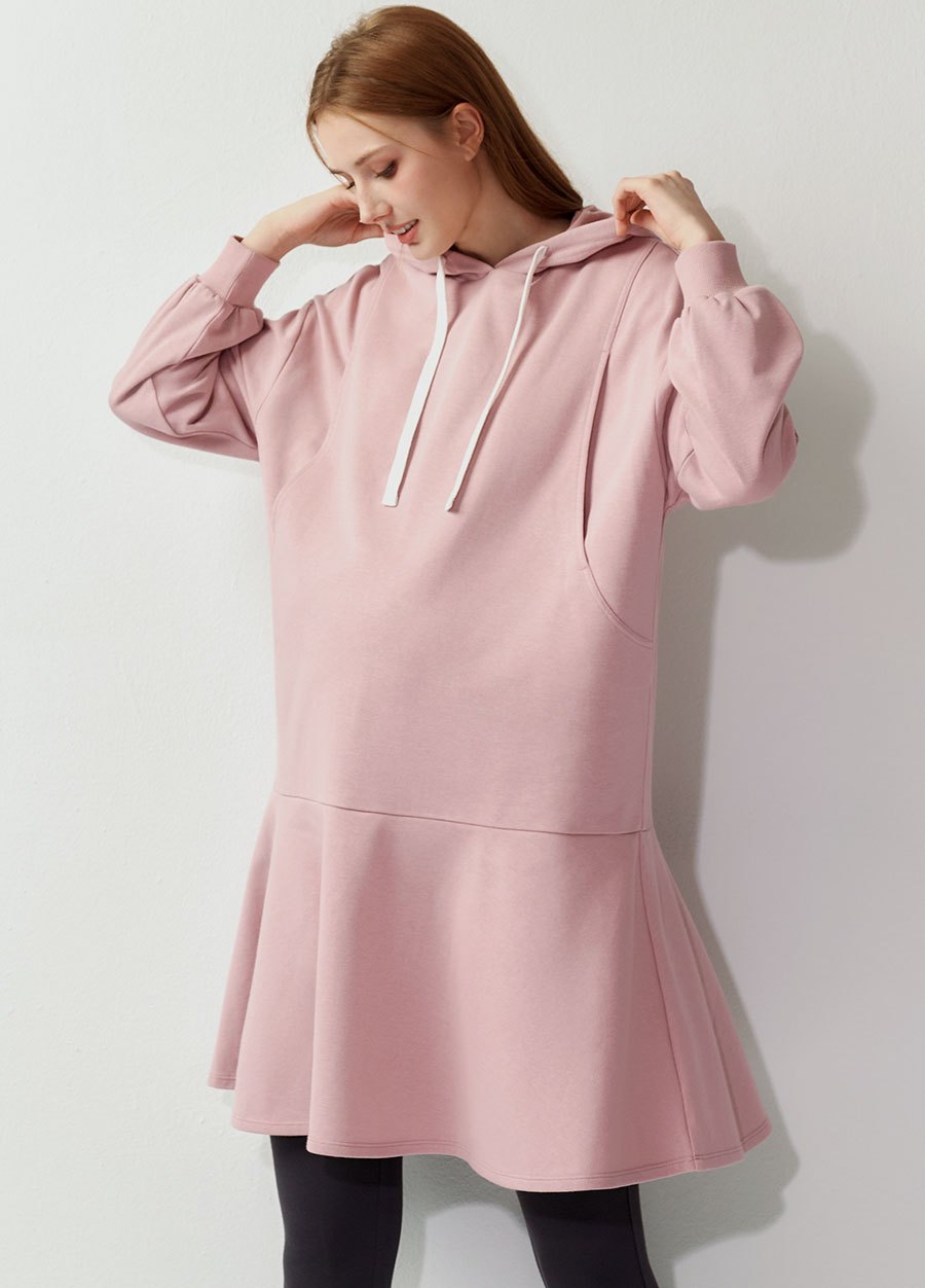 荷葉裙襬連帽孕哺洋裝