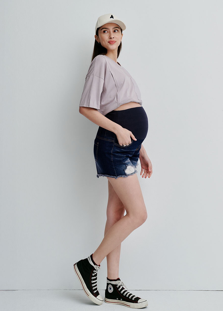 刷白抓破抽鬚牛仔孕婦短褲