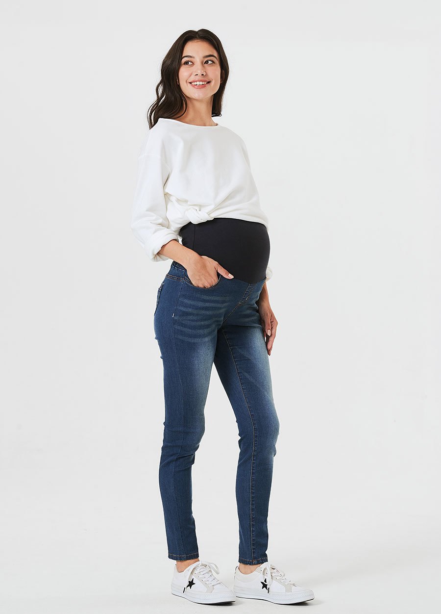 刷白窄管牛仔孕婦褲