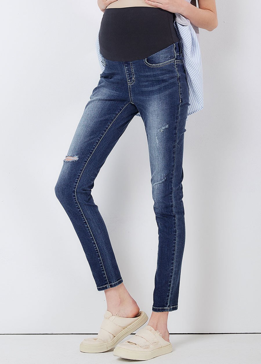 刷破修身窄管牛仔孕婦褲