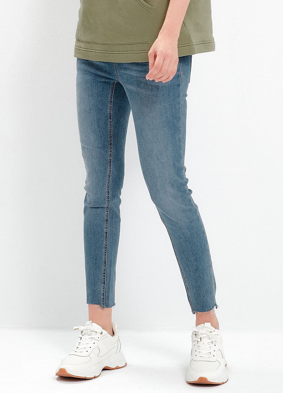 不對稱割破窄管牛仔孕婦褲