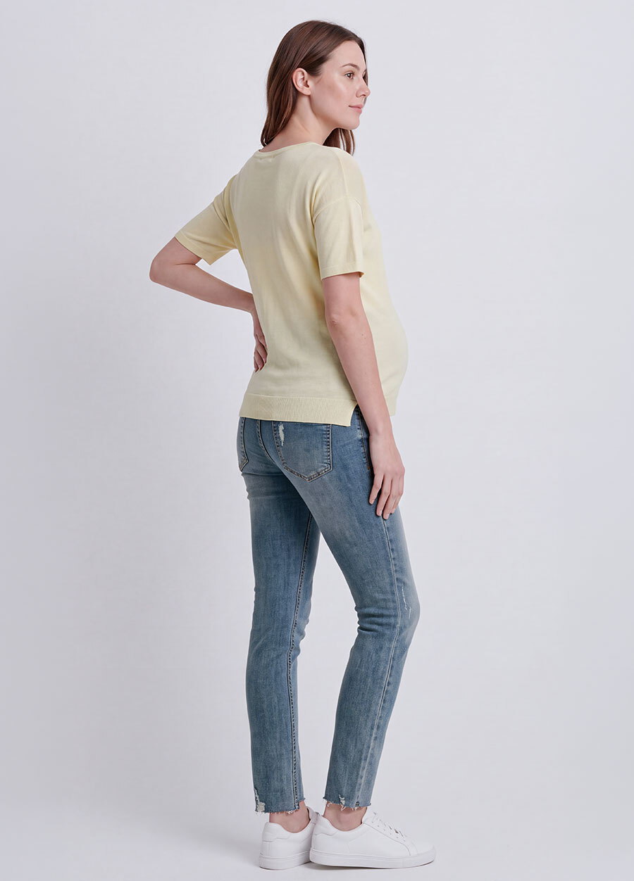 不對稱割破窄管牛仔孕婦褲