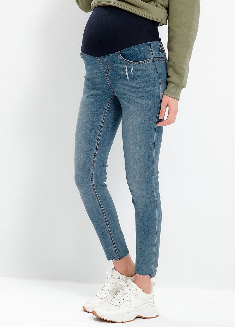 不對稱割破窄管牛仔孕婦褲