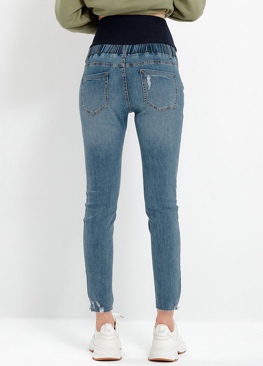 不對稱割破窄管牛仔孕婦褲