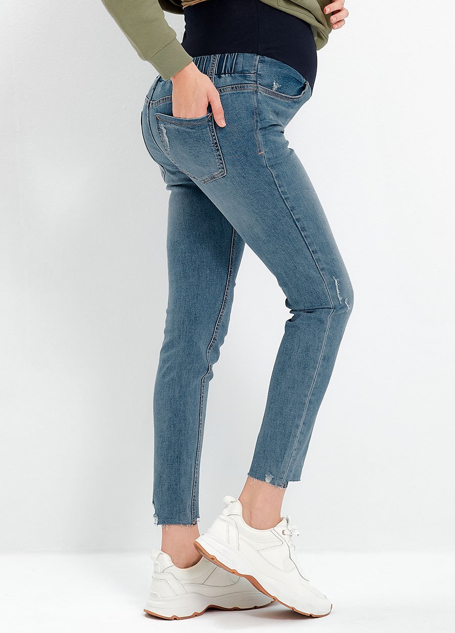 不對稱割破窄管牛仔孕婦褲