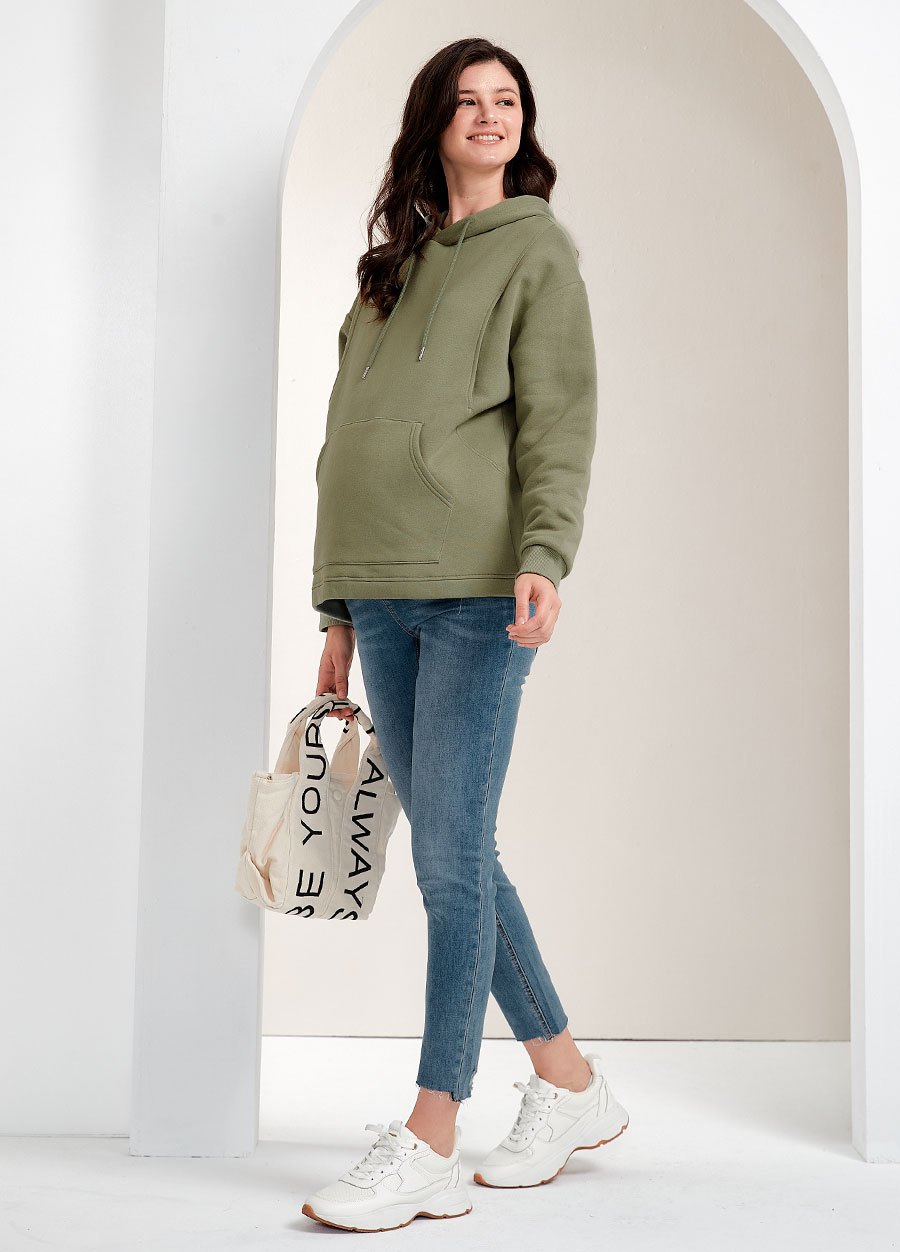 不對稱割破窄管牛仔孕婦褲