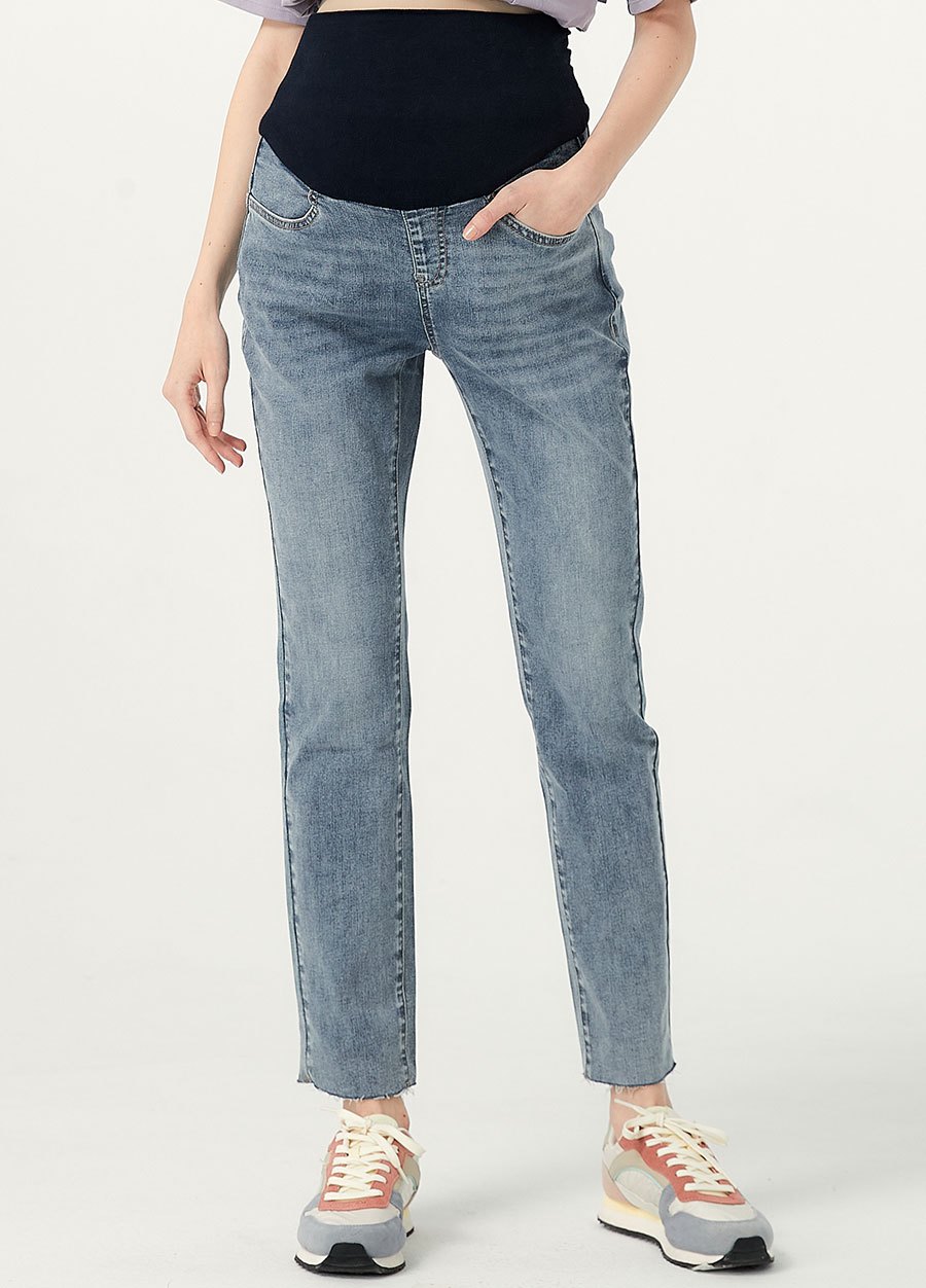 不收邊小直筒牛仔孕婦褲