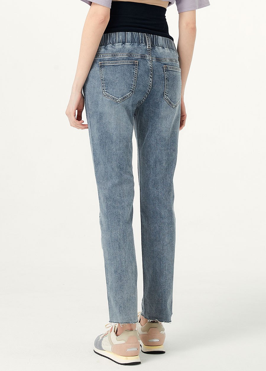 不收邊小直筒牛仔孕婦褲