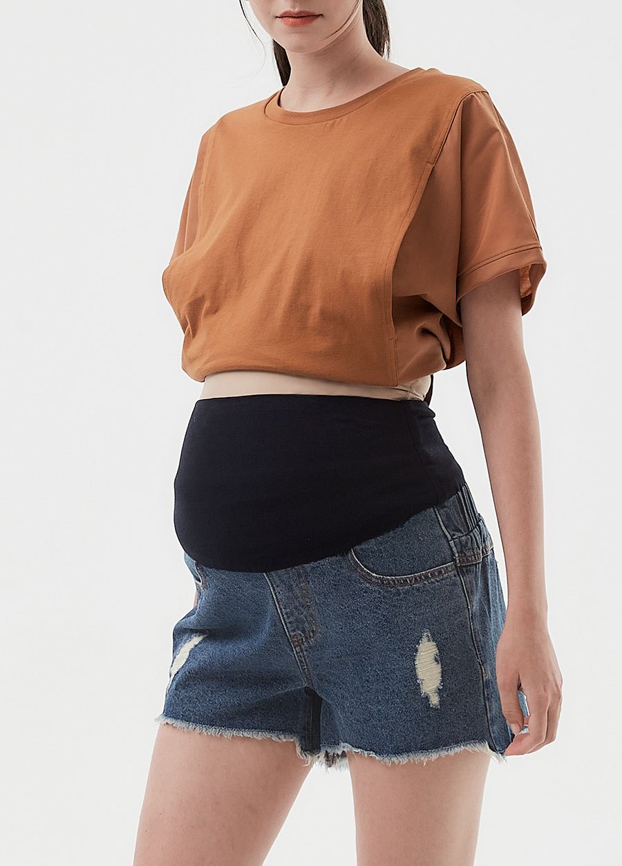 雪花抽鬚牛仔孕婦短褲