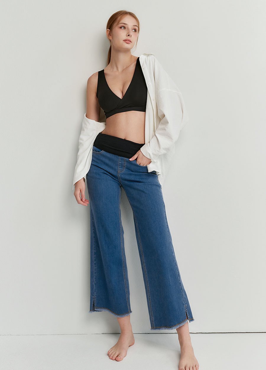 撞色九分牛仔孕婦寬褲