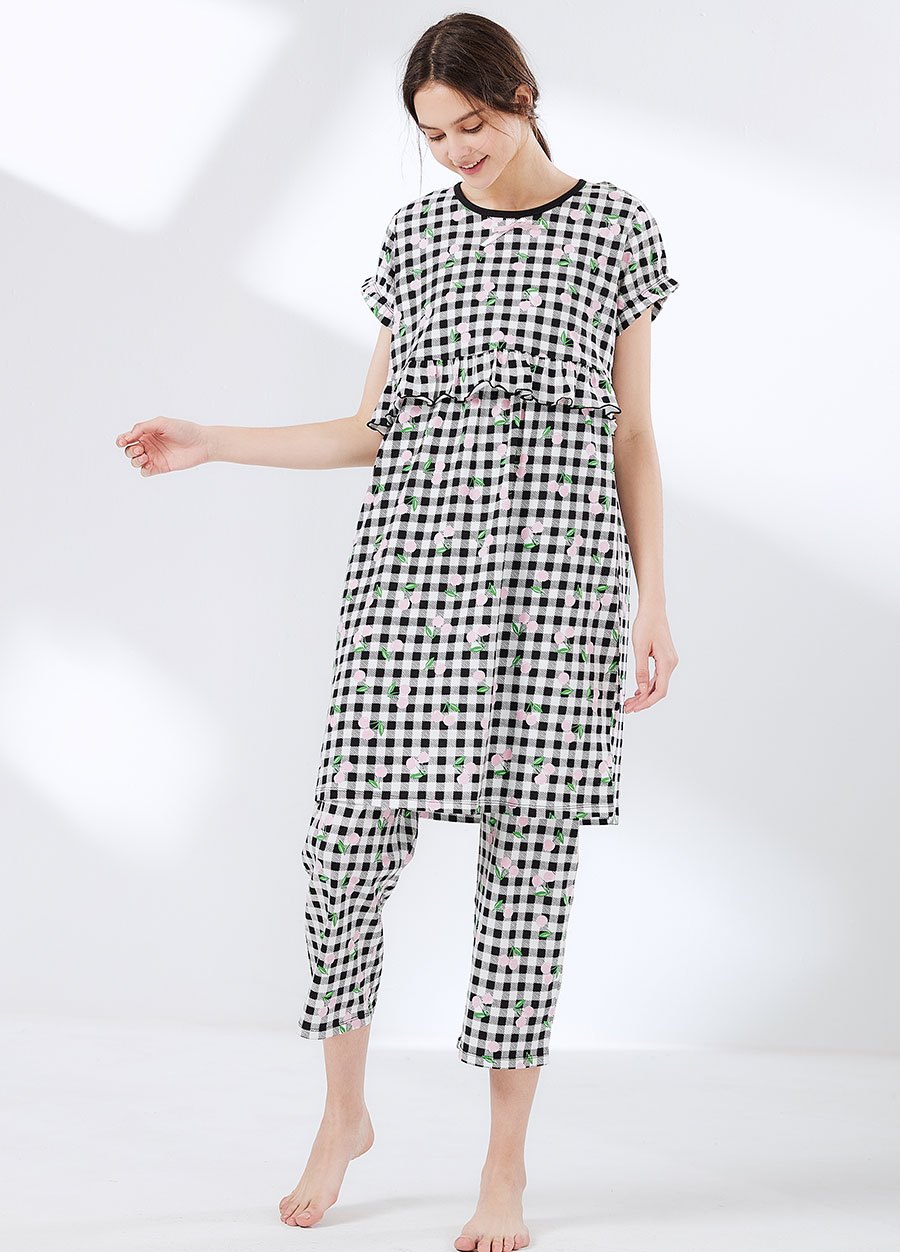 格紋櫻桃荷葉孕哺居家服組(洋裝+長褲)
