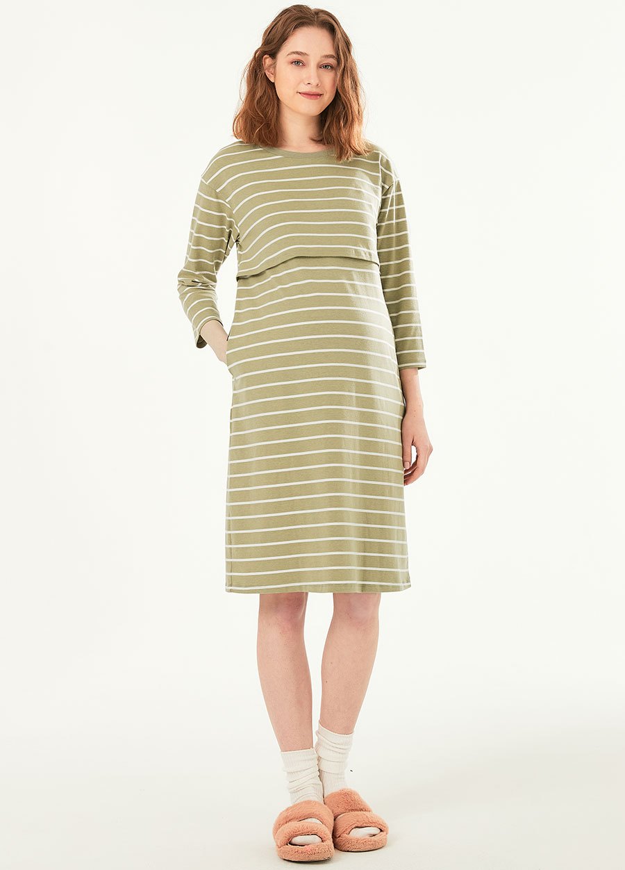 棉質條紋寬鬆孕哺居家洋裝