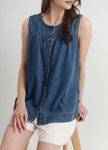 水洗牛仔無袖抽縐孕哺上衣