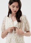 碎花V領蓬袖孕哺洋裝