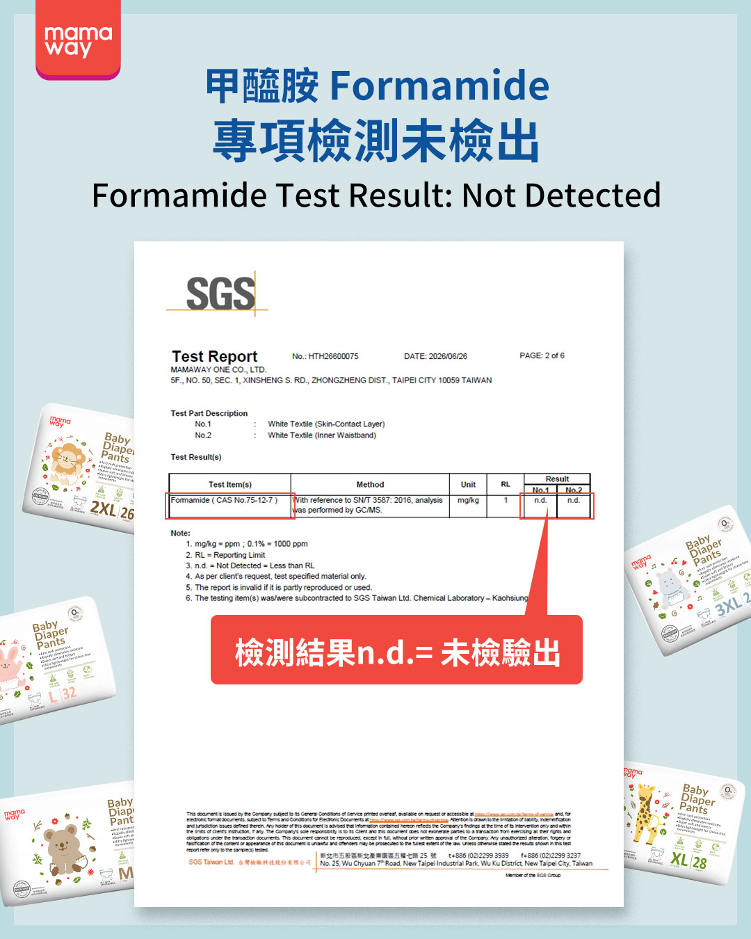 媽媽餵一拉褲褲型甲醯胺 Formamide 檢測結果未檢出，SGS 尿布安全檢測報告說明