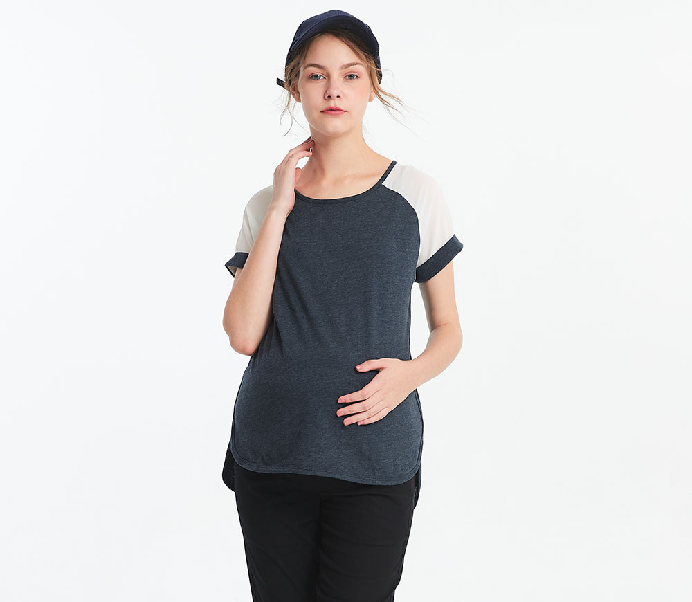 異材質色塊剪接孕哺上衣 