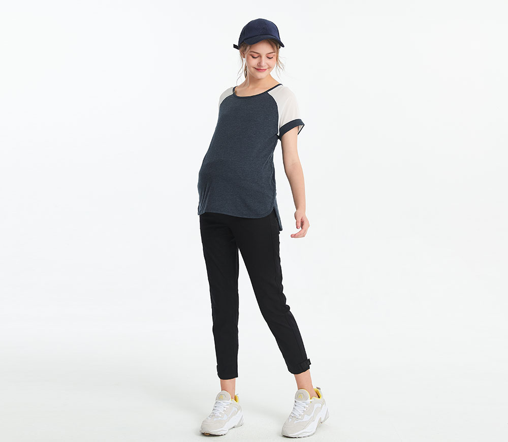 異材質色塊剪接孕哺上衣 