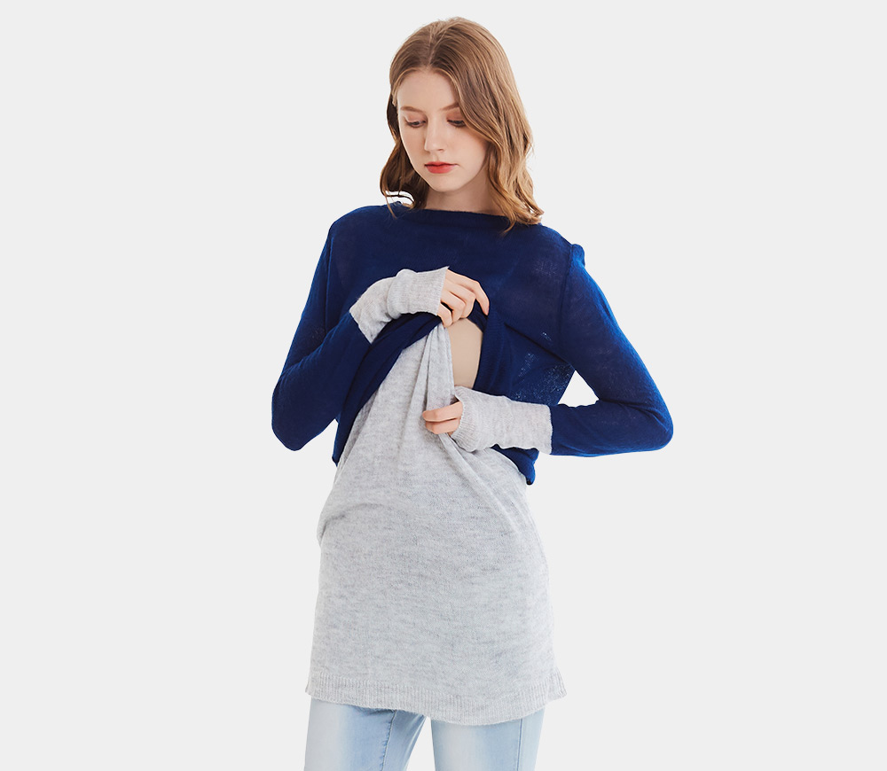 撞色雙層孕哺針織衫
