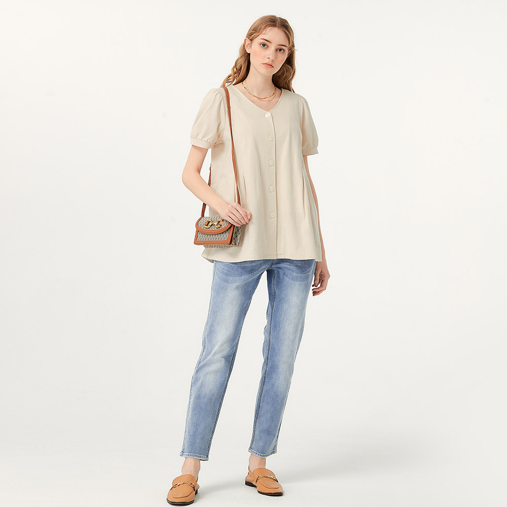 V領排釦打摺孕哺上衣 V領排釦打摺孕哺上衣