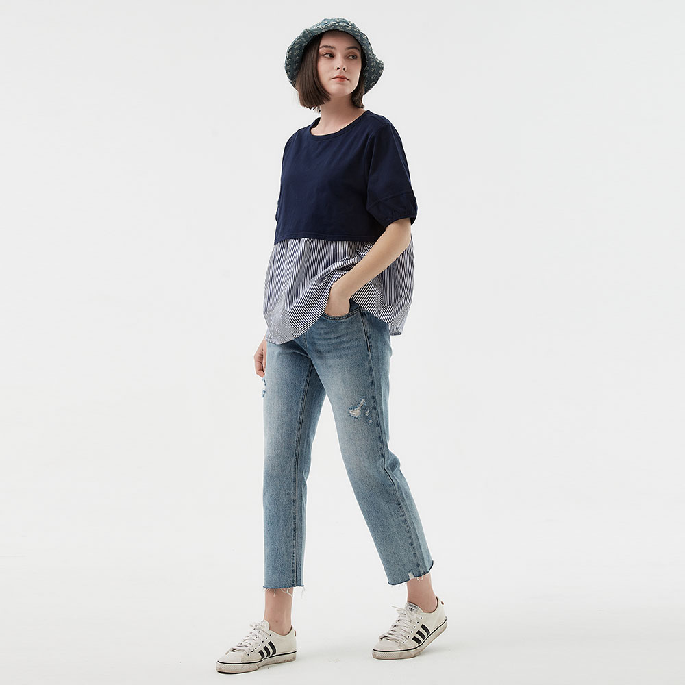 異材質拼接傘襬孕哺上衣