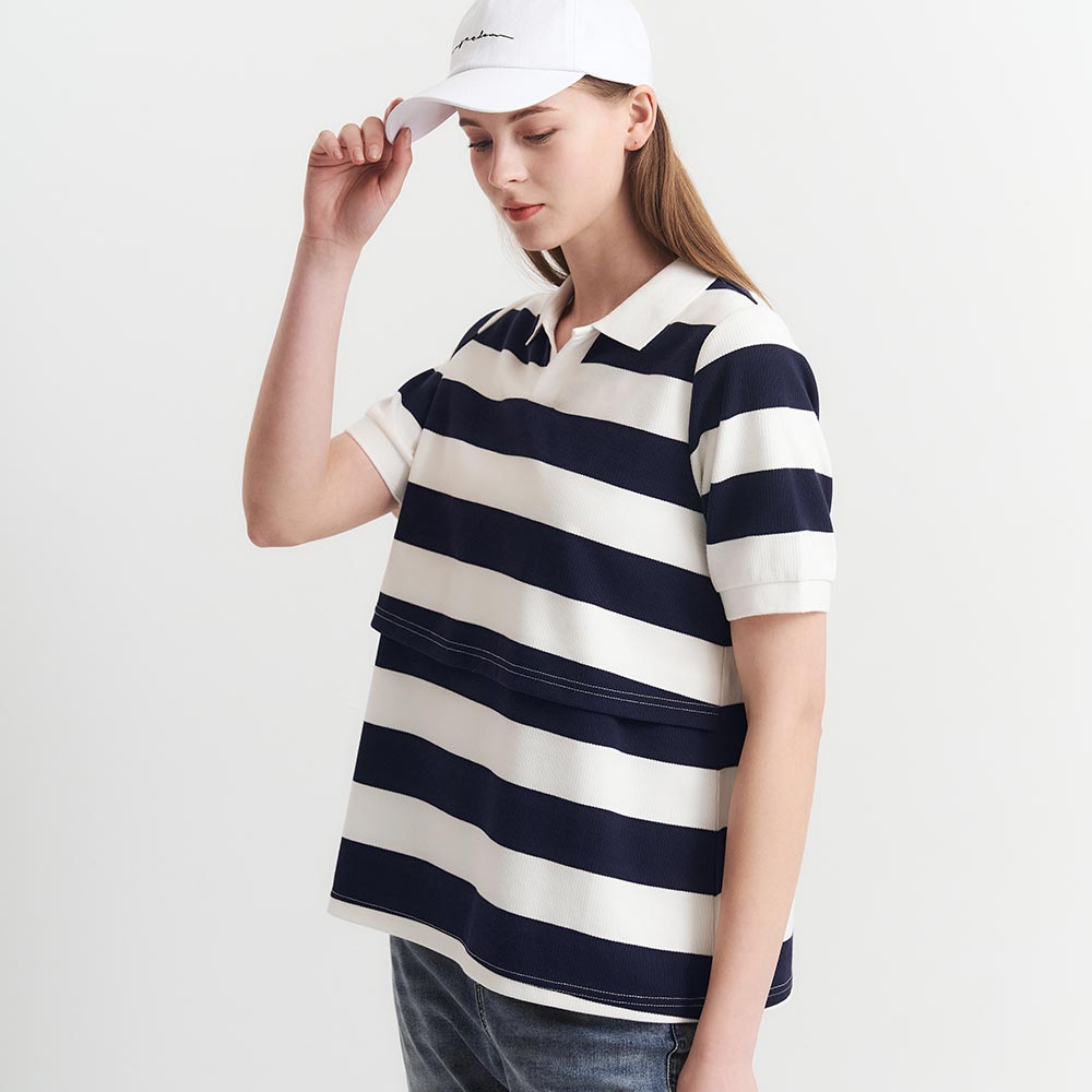 V領翻領橫紋孕哺上衣 V領翻領橫紋孕哺上衣