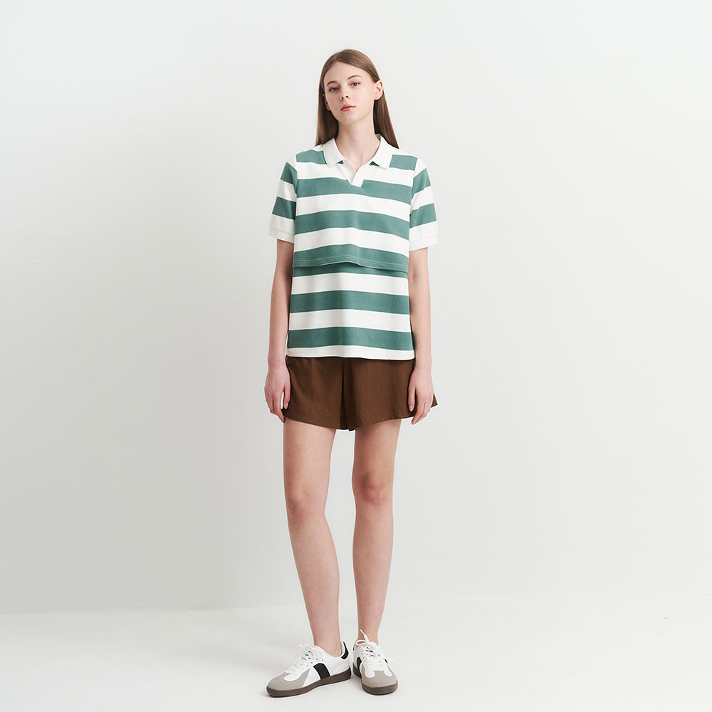 V領翻領橫紋孕哺上衣 V領翻領橫紋孕哺上衣