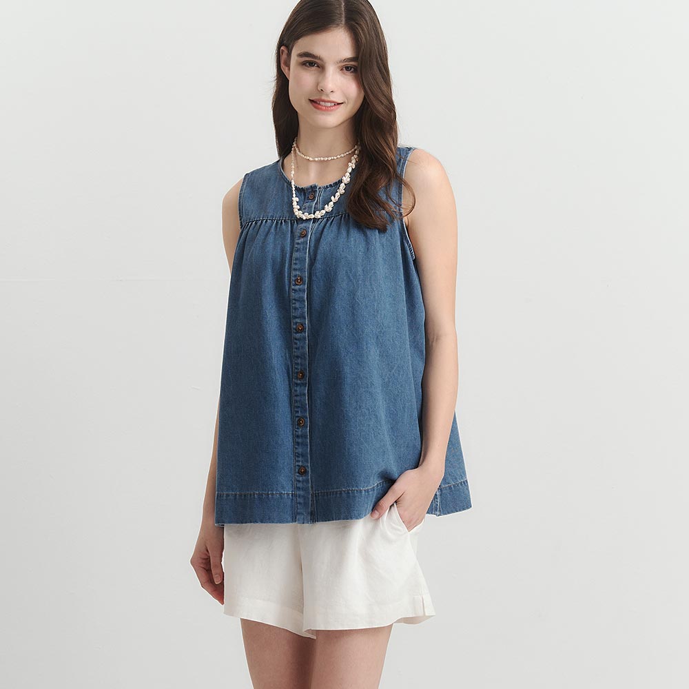 水洗牛仔無袖抽縐孕哺上衣