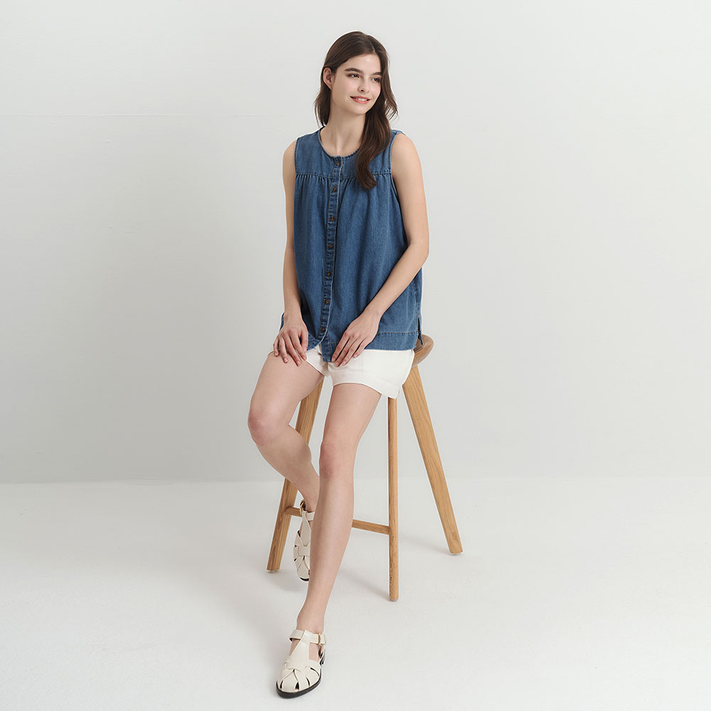 水洗牛仔無袖抽縐孕哺上衣