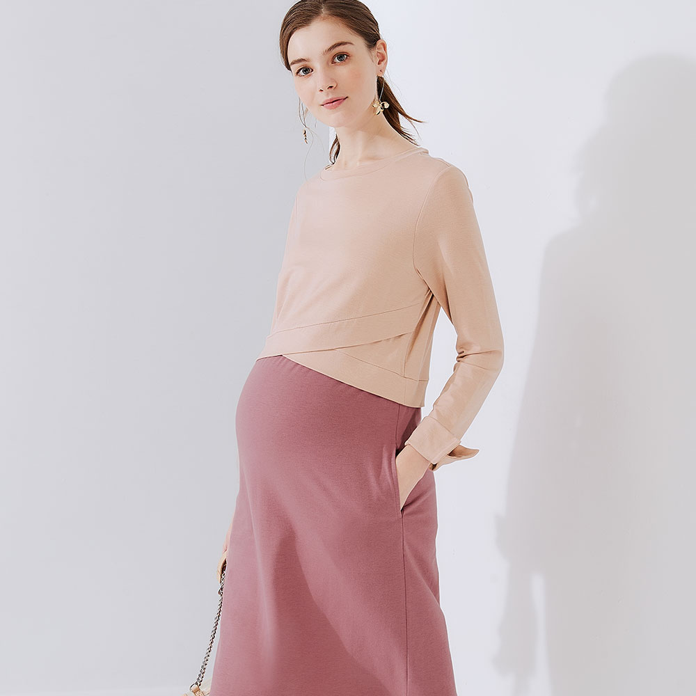 拼接假兩件孕哺洋裝