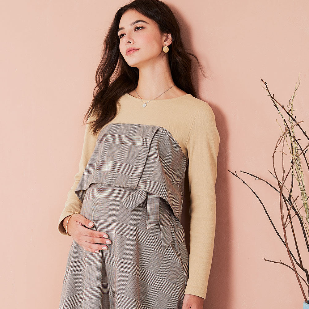 拼接綁帶孕哺洋裝