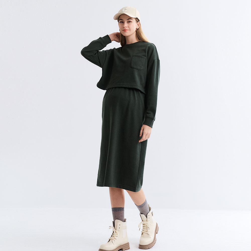 假兩件式+開衩裙孕哺套裝 假兩件式+開衩裙孕哺套裝