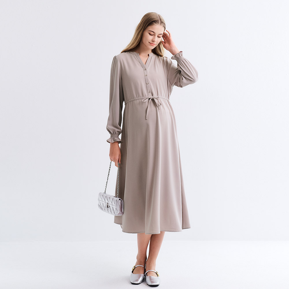 小立領半開襟腰繫帶孕哺洋裝