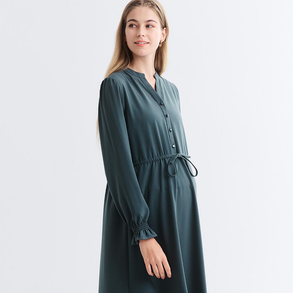 小立領半開襟腰繫帶孕哺洋裝