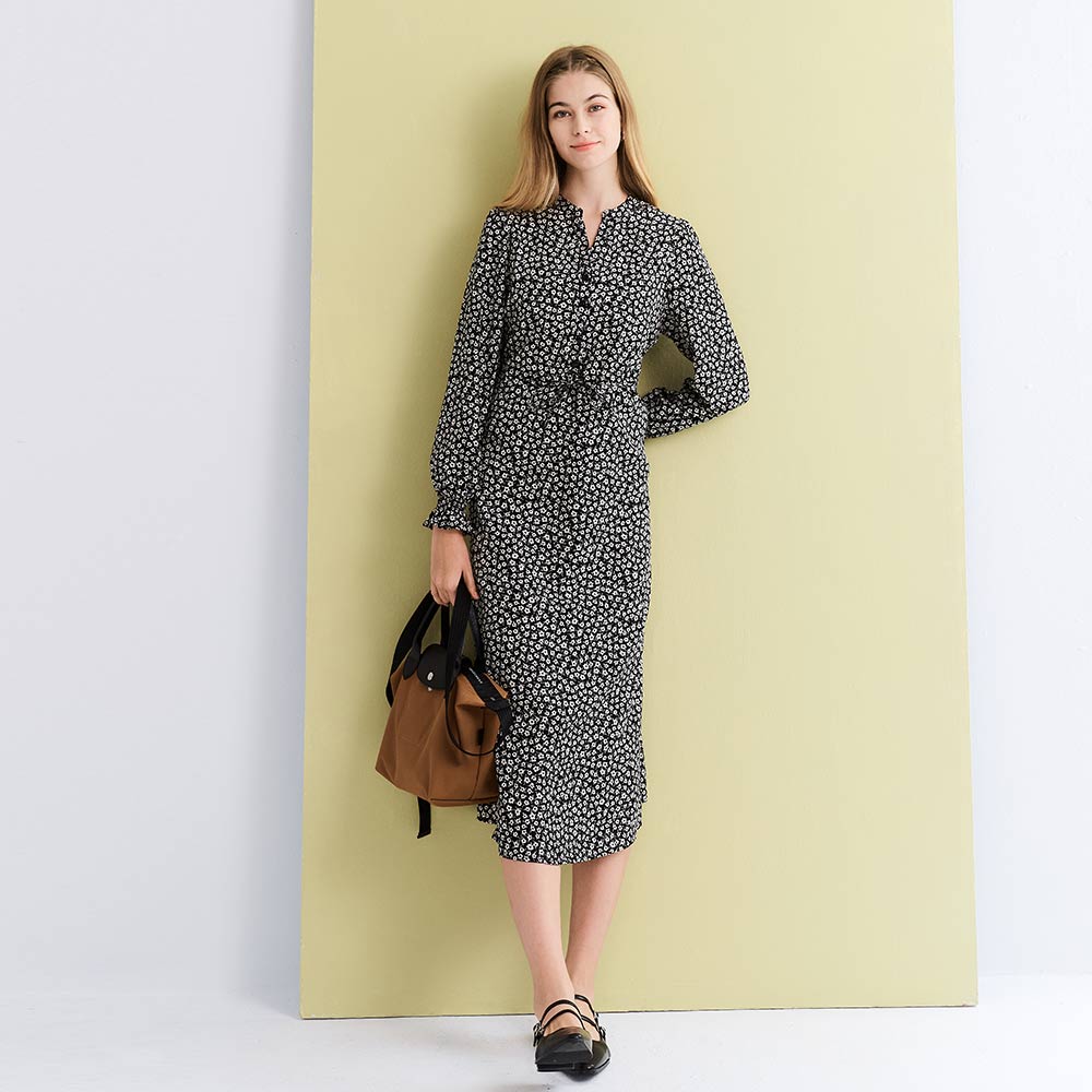 小立領半開襟腰繫帶孕哺洋裝