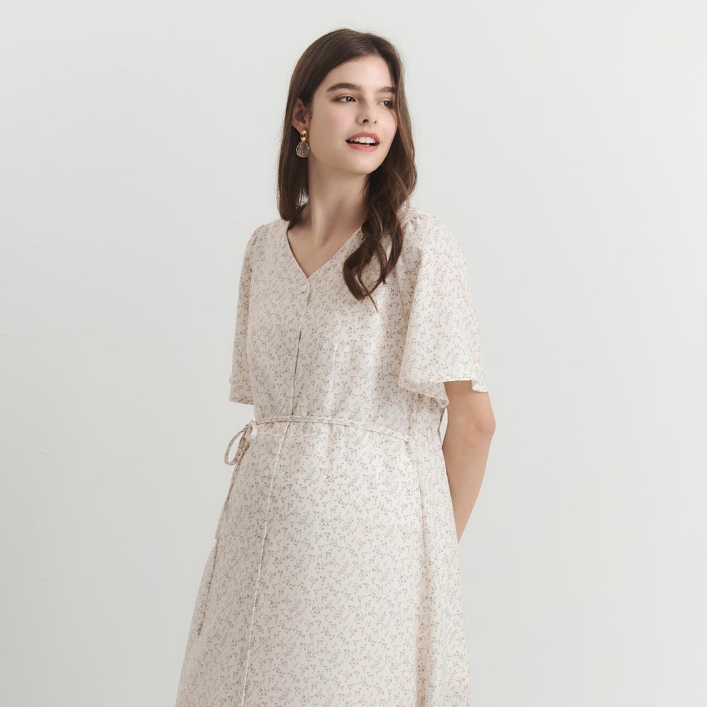 優雅V領荷葉袖孕哺洋裝