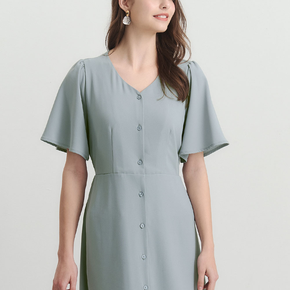 優雅V領荷葉袖孕哺洋裝