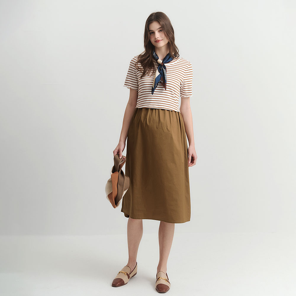 橫紋拼接假兩件孕哺洋裝