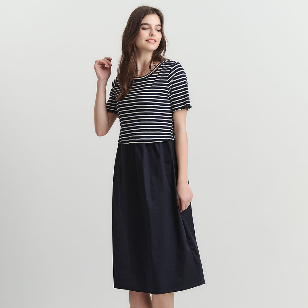 橫紋拼接假兩件孕哺洋裝