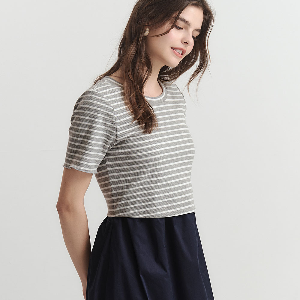 橫紋拼接假兩件孕哺洋裝